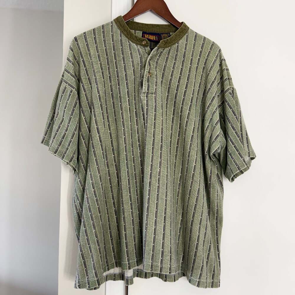 Vintage Faded Glory 100% Cotton Striped Short Sleeve Henley Shirt Size XL Retro